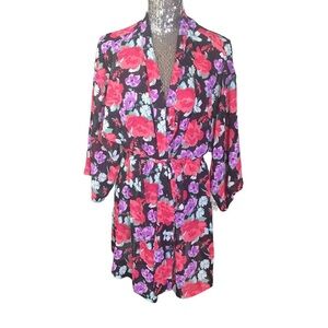 Flora by Flora Nikrooz sheer robe with tie floral black pink Large/X-Large